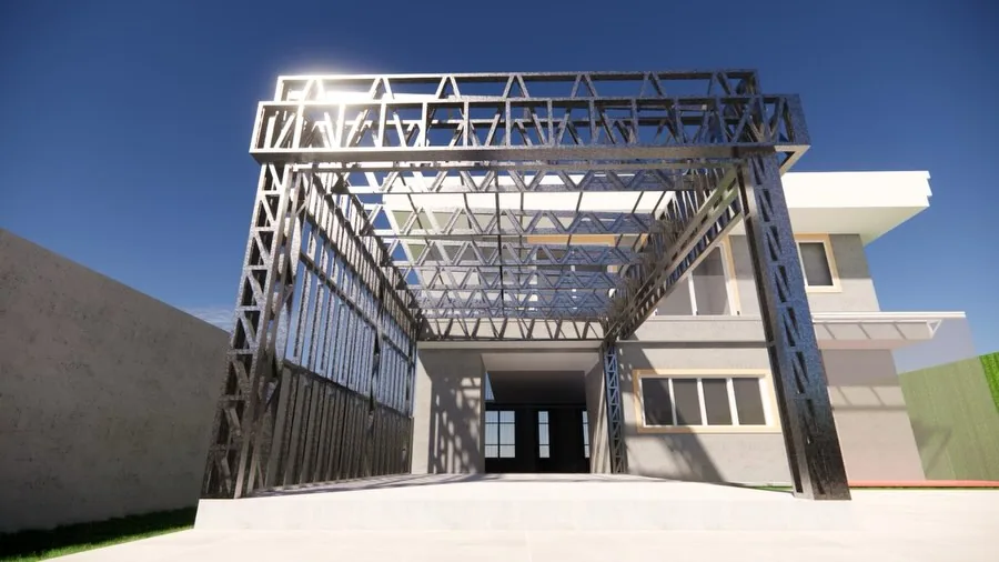 Render de ampliação em aço leve na frente de uma residência.