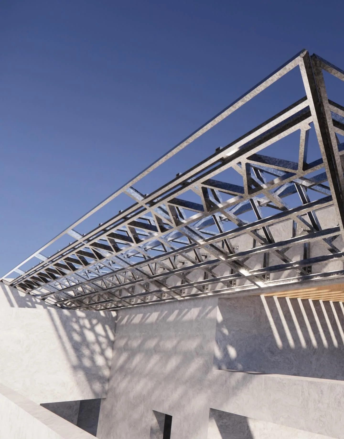 Render de beiral em treliça de aço projetando sombra sobre a parede.