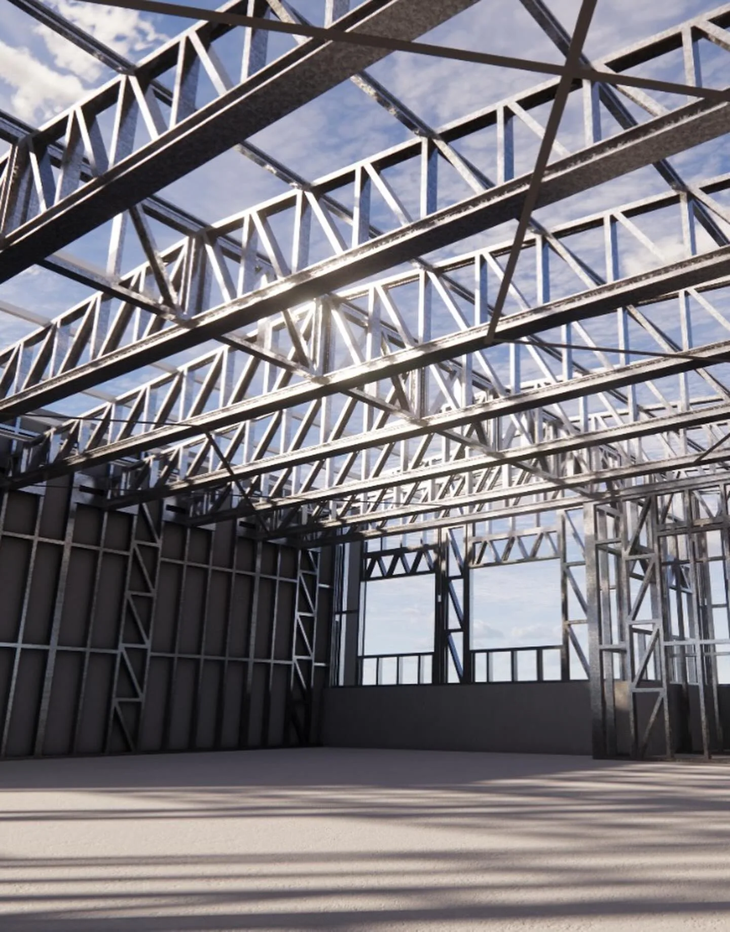 Render de cobertura em treliças de aço leve vista de dentro.