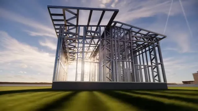 Render de estrutura habitacional em aço leve ao pôr do sol.