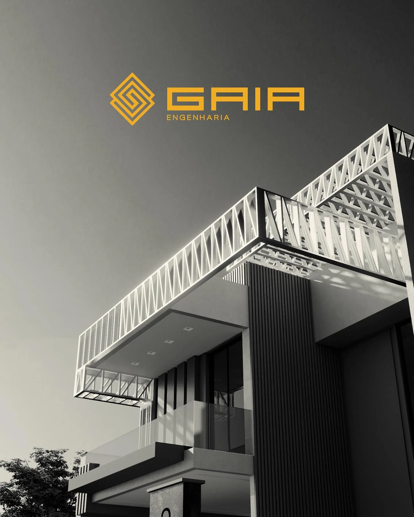 Render em preto e branco de uma fachada com treliças de aço leve brancas, com o logotipo Gaia Engenharia em dourado no céu.