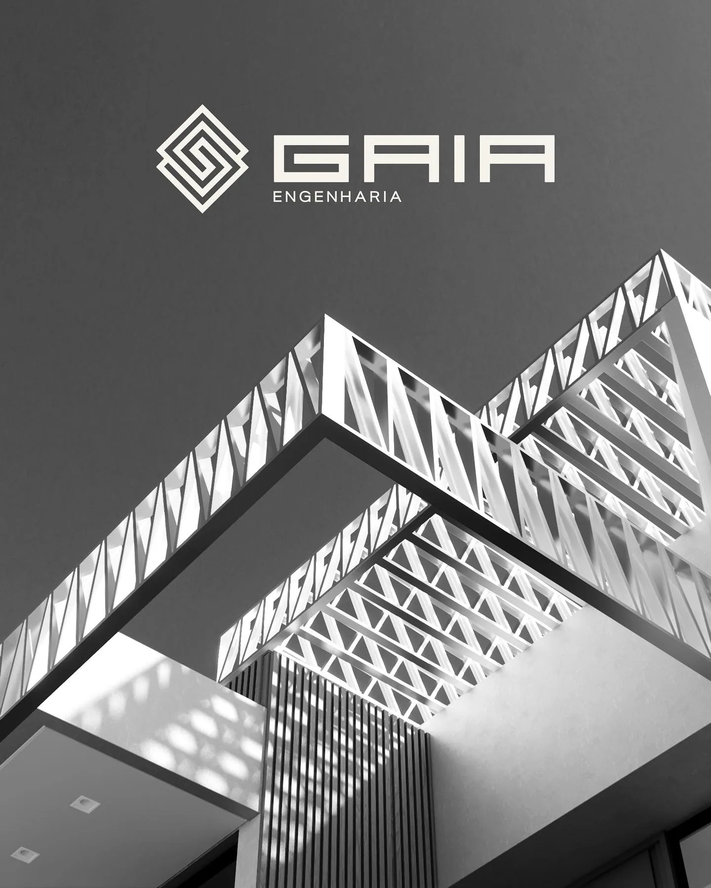 Treliças brancas em preto e branco com o logotipo Gaia Engenharia.