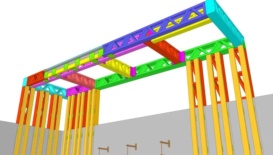 Modelo estrutural de um pórtico em aço leve, com cada peça em uma cor.