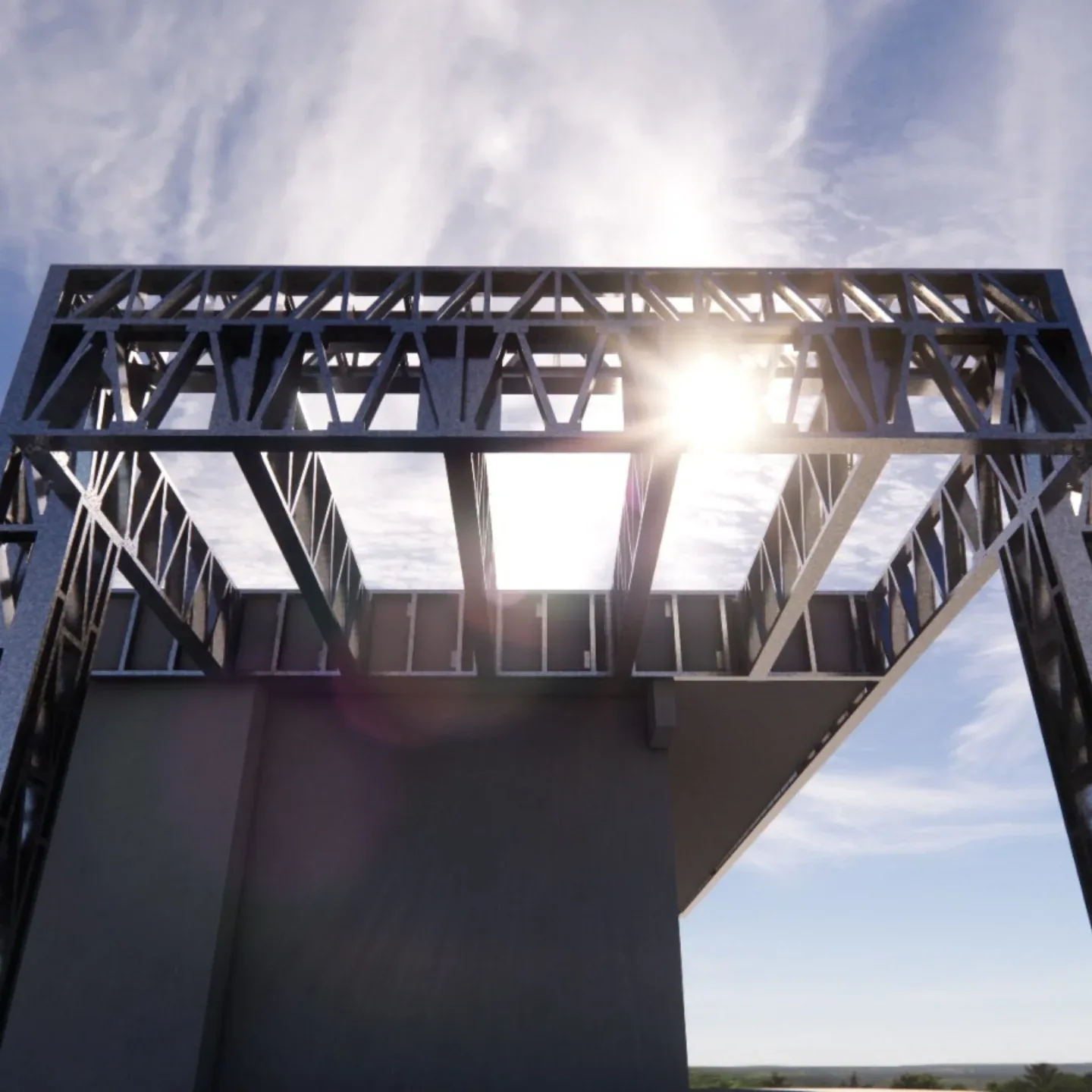 Render de pórtico em treliças de aço contra o sol.