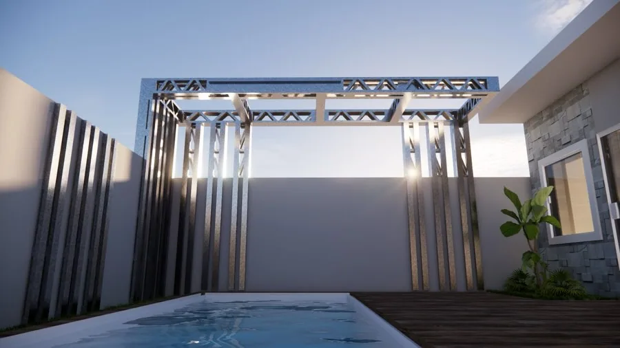 Render de pórtico em aço leve sobre uma piscina.