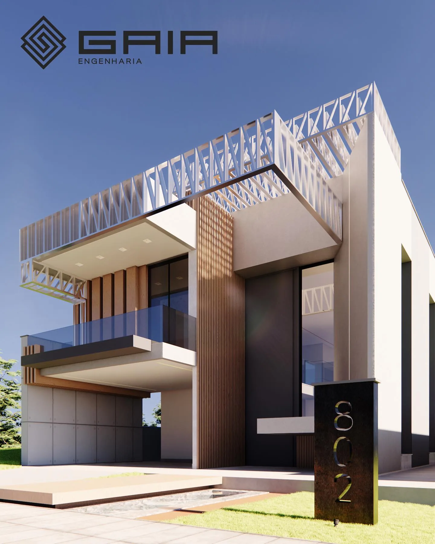 Render de residência com treliças aparentes na cobertura e revestimento em ripado de madeira.